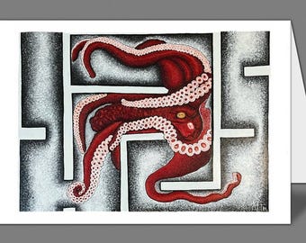 Red Octopi in a Maze Card, 5" x 7", Blank Interior