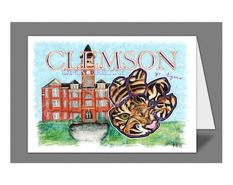 Clemson University Tigers, Watercolor Painting Print Card, 5" x 7"