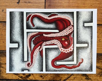 Red Octopi in a Maze, Acrylic Painting, Print