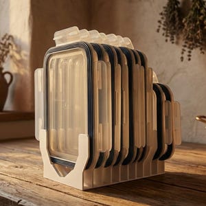 Pode incluir: Um conjunto de recipientes retangulares transparentes para alimentos com tampas brancas e detalhes em azul escuro, empilhados em um suporte branco. Sobre uma superfície de madeira rústica, para a cozinha.