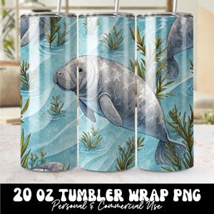 Lamantin gobelet Wrap PNG, 20 oz sans couture vache de mer sous-marine Design, bleu aquarelle océan gobelet Wrap Design, lamantin Floride sublimation PNG