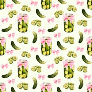 Pickles Coquette Seamless Pattern PNG, grazioso barattolo di sottaceti con fiocco rosa, carta digitale senza soluzione di continuità, motivo estetico Cottagecore, design vintage di sottaceti