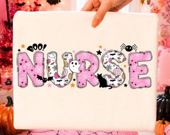 Nurse Pink Halloween PNG, Nurse Halloween Pumpkin Shirt Png Design, Nurse RN Ghost Spooky Season Sublimation Png, Fall Autumn Nurse Tee Png