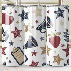 School Principal Tumbler Wrap PNG, Back to School Seamless 20oz Tumbler Design,Megaphone Apple Star Sublimation,Patriotic Principal Wrap Png