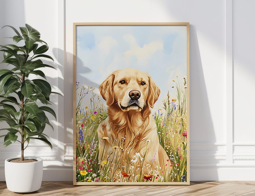Golden Retriever Art Print Digital, Floral Golden Retriever Dog Wall ...