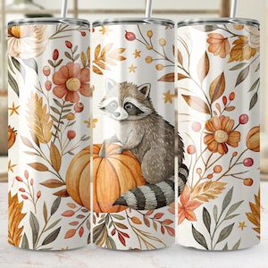 Raccoon automne gobelet Wrap 20 oz PNG, automne citrouille florale raton laveur gobelet Wrap, Boho automne raton laveur Png Wrap sublimation, boisé gobelet Png
