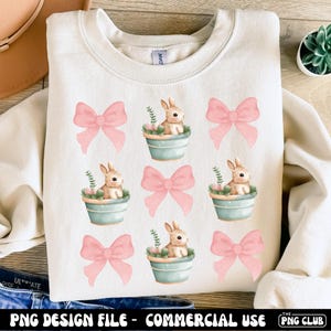 Coquette de Pâques PNG, conception de chemise PNG en pot, sublimation PNG esthétique printemps vintage, clipart lapin Cottagecore, lapin Pastel noeud Png
