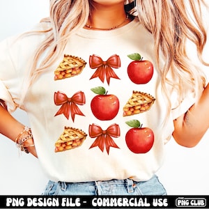 Laço de coquete de maçã Png, Design de camisa de torta de maçã Png, Camisa de cozimento Png, Padaria Png, Torta de maçã aquarela de outono Png, Laço vermelho de fruta estética Png