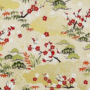 Carta washi giapponese yuzen di alta qualità "Fiori di albicocca giapponese e motivi misti di pini. Oro, rosso, verde e bianco." 11,8"×9,0"