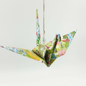 Origami crane hanging ornament #6G - handmade Japanese chiyogami paper bird, tree decoration