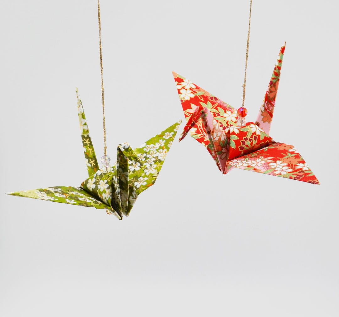 2 Origami Crane Ornaments H011 - Handmade Japanese High Quality Yuzen ...