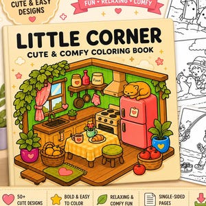 Little Corner Coloring Book PDF – Cozy Corner Coloring Pages, Cute Cozy Spaces, Bold Line Art, Printable Digital Download