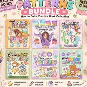 May include: A bundle of six practice books titled Ultimate How to Draw Patterns Bundle, featuring colourful illustrations of characters and tutorials. The collection includes How to Color Cute Stuff, Tutorial Bundle How to Color Skies, Coloring Tutorial, How to Draw Easy Patterns, How to Draw Patterns, and How to Color Cozy Things.