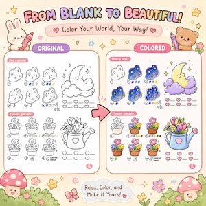 May include: A colouring activity page titled FROM BLANK TO BEAUTIFUL! featuring two sections, ORIGINAL and COLOURED. It displays step-by-step drawing guides for Starry night and Flower garden themes, including a moon, clouds, flowers, and a watering can.