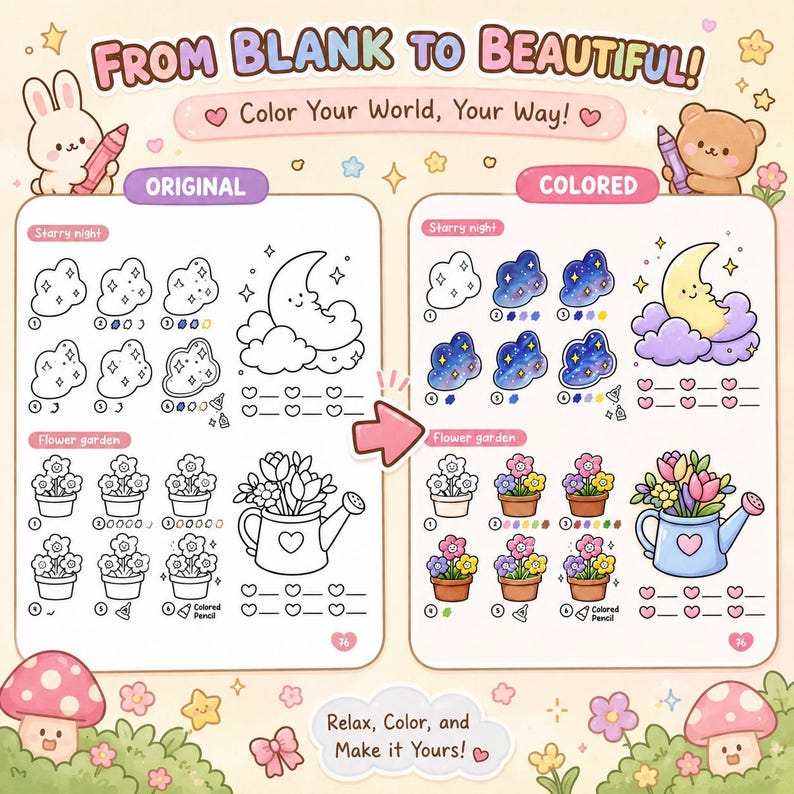 May include: A colouring activity page titled FROM BLANK TO BEAUTIFUL! featuring two sections, ORIGINAL and COLOURED. It displays step-by-step drawing guides for Starry night and Flower garden themes, including a moon, clouds, flowers, and a watering can.