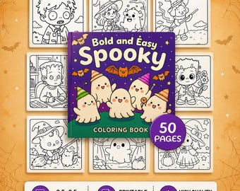 Spooky Coloring Book, Printable Halloween Coloring Pages, 50 Bold Easy Cute Ghost Pumpkin Fall Coloring Book for Kids and Adults