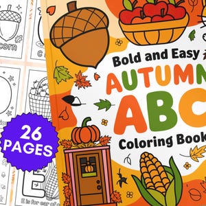 Páginas para colorir ABC de outono para adultos, páginas para colorir de outono fáceis e ousadas, arte para aliviar o estresse, designs sazonais relaxantes para atenção plena