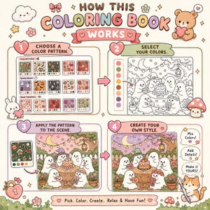 May include: An instructional infographic titled How This Coloring Book Works, featuring four steps with cartoon illustrations of ghosts, a bear, and a cat. It demonstrates choosing colour patterns, selecting colours, applying patterns to a scene, and creating a style.
