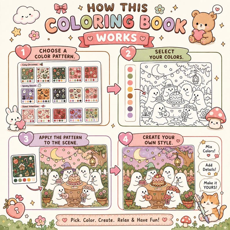 May include: An instructional infographic titled How This Coloring Book Works, featuring four steps with cartoon illustrations of ghosts, a bear, and a cat. It demonstrates choosing colour patterns, selecting colours, applying patterns to a scene, and creating a style.