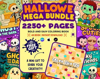 May include: A Halloween-themed coloring book bundle with the text "HALLOWEEN MEGA BUNDLE" and "2250+ PAGES". The image features various cartoon characters and the text "BOLD AND EASY COLORING BOOK". A color swatch is also included.