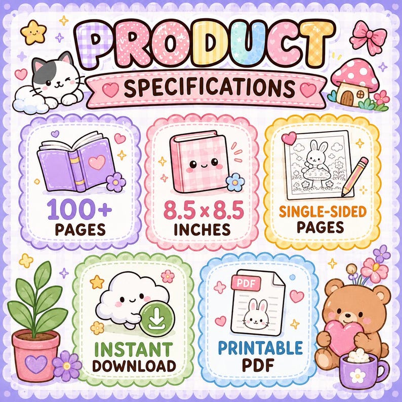 May include: A digital product specification sheet featuring pastel-coloured scalloped frames. Text includes PRODUCT SPECIFICATIONS, 100+ PAGES, 8.5 x 8.5 INCHES, SINGLE-SIDED PAGES, INSTANT DOWNLOAD, and PRINTABLE PDF, accompanied by illustrations of a cat, mushroom, book, bunny, cloud, and bear.