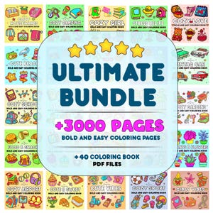 May include: A colorful digital art bundle featuring various coloring books with themes like Cozy Housewares, Camping, and Cute Beach. The central graphic reads "ULTIMATE BUNDLE +3000 PAGES".