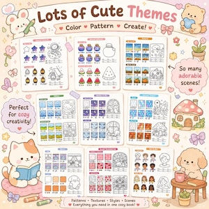 May include: A digital art tutorial guide titled Lots of Cute Themes featuring nine instructional sheets with colour palettes, patterns, and line art illustrations of space, nature, food, and characters, surrounded by decorative animal drawings.