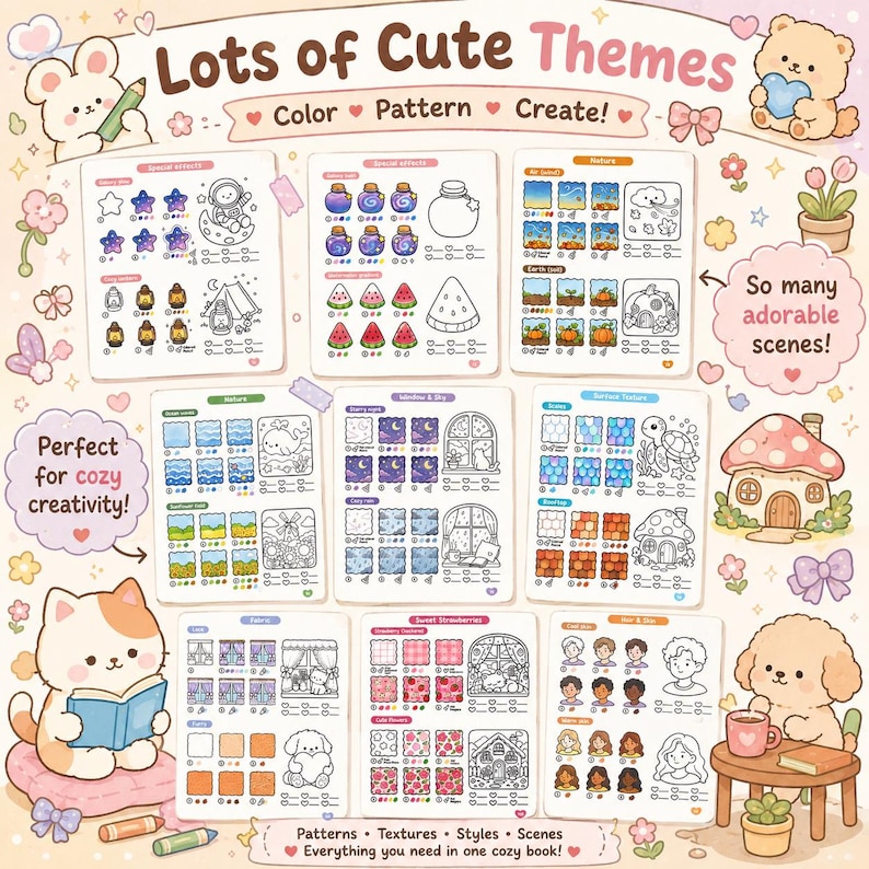 May include: A digital art tutorial guide titled Lots of Cute Themes featuring nine instructional sheets with colour palettes, patterns, and line art illustrations of space, nature, food, and characters, surrounded by decorative animal drawings.