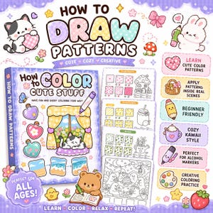 May include: A colourful instructional book titled How to Color Cute Stuff featuring illustrations of a cat, heart-shaped bottles, and a window scene. The set includes pattern practice sheets with doodles, a bear drawing, and text labels.