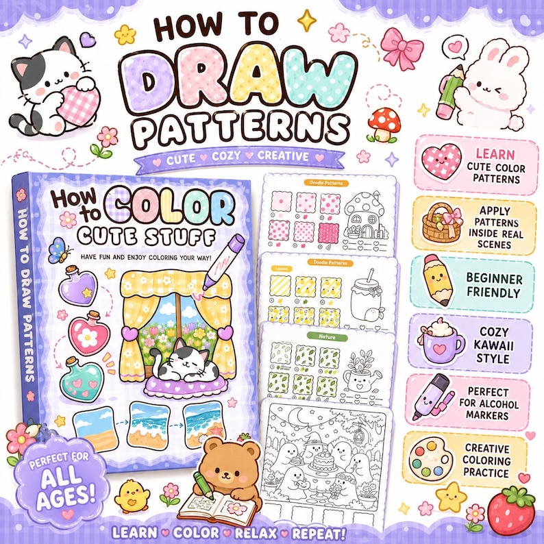 May include: A colourful instructional book titled How to Color Cute Stuff featuring illustrations of a cat, heart-shaped bottles, and a window scene. The set includes pattern practice sheets with doodles, a bear drawing, and text labels.