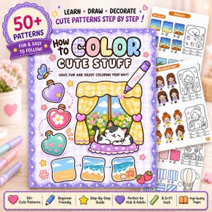 May include: A colouring book titled How to Color Cute Stuff with a purple border, featuring illustrations of a cat, heart-shaped bottles, and a beach scene. The cover includes text, 50+ patterns, and a step-by-step guide, measuring 8.5x11 inches.