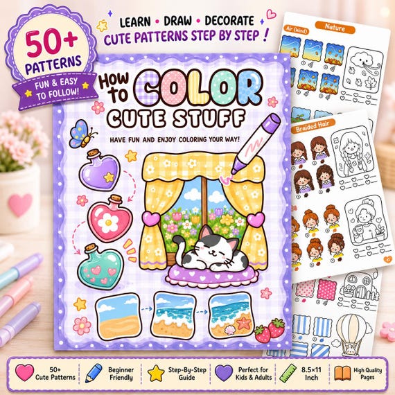 How to Color Cute Stuff Printable PDF, Cute Pattern Coloring Guide, Beginner Coloring Workbook, Kawaii Activity Book, Instant Download