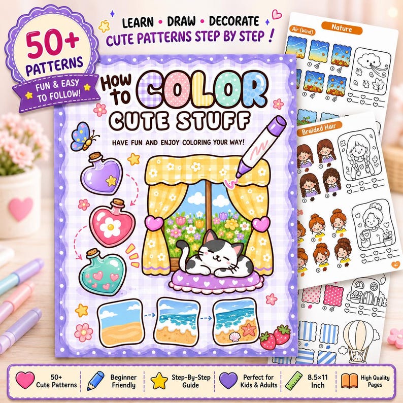 May include: A colouring book titled How to Color Cute Stuff with a purple border, featuring illustrations of a cat, heart-shaped bottles, and a beach scene. The cover includes text, 50+ patterns, and a step-by-step guide, measuring 8.5x11 inches.