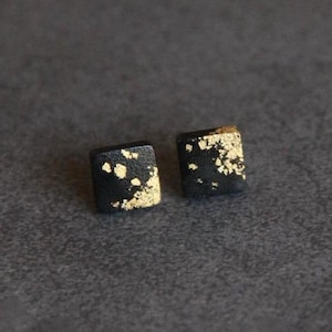 Square Black Porcelain Earrings, Dainty Ear Studs with Gold Touch