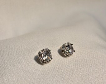 Cubic Zirconia Large Diamond Square Stud Earrings