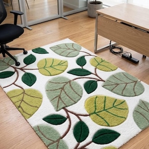 Fresh Leaf Garden Hand Tufted Rug – Green Botanical Wool Carpet, Nature Inspired Area Rug, Modern Leaf Pattern , Soft Tufted Statement Rug