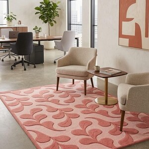 Coral Drift Blossom Hand Tufted Rug – Modern Abstract Floral Wool Rug, Soft Pink Minimalist Pattern Carpet for Living Room & Bedroom Decor