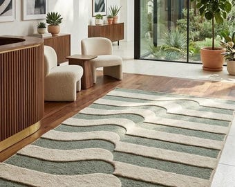 Modern Wave Line Hand Tufted Rug – Abstract Cream & Sage Green Wool Carpet, Minimalist Scandinavian Area Rug, Textured Tufted Home Decor