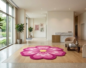 Blush Petal Bloom Hand Tufted Rug – Pink Floral Statement Carpet, Modern Flower Shape Area Rug, Soft Wool Tufted Home Decor
