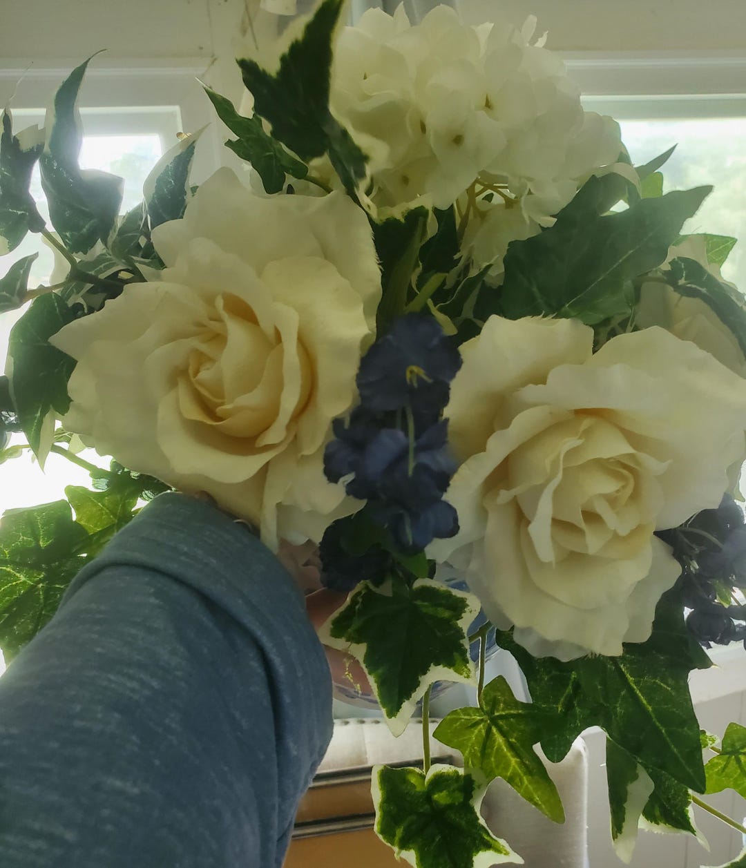 7 in. Spring White Hydrangeas and Roses Flower Potted in a White Pot Base main image 1