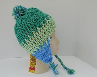 Earflap Hat, Peruvian Style, Jade, Honeydew & Blue