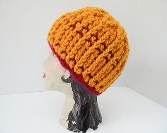 Gorro de canalé, copo de nieve, dorado y burdeos