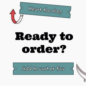 Op de afbeelding: Een witte achtergrond met de tekst "Ready to order?" in vette zwarte letters. Boven de tekst staat een turquoise banner met "Heart the shop". Onder de tekst staat een turquoise banner met "Add to cart or fav."