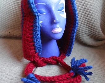 Winter Hood, Red and Blue Hometown Hood, Striped, Ties, Ready to Ship