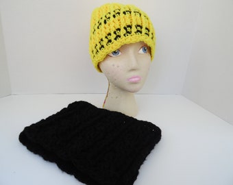 Gorro amarillo brillante, gorro amarillo, gorro de invierno, gorro acanalado con copos de nieve
