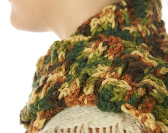 Scarflette, Basketweave Woodsy, Scarf, Camo, Green and Brown, Ready to Ship