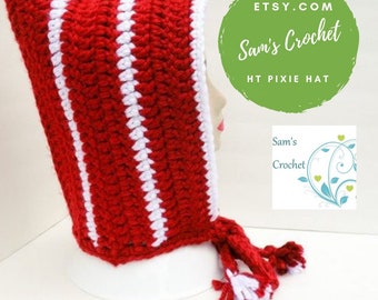 Elf Hood, Pixie Hat, Red and White Hometown Hood, Striped, Ties, Ready to Ship