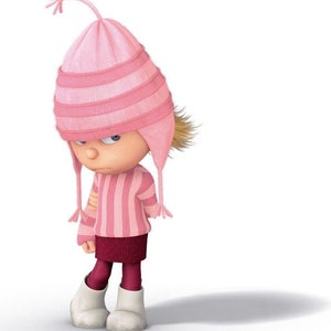 May include: A cartoon girl with blonde hair wearing a pink and white striped hat and a pink and white striped sweater. She is also wearing a burgundy skirt and white boots.