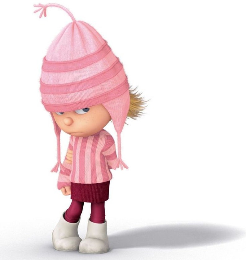 May include: A cartoon girl with blonde hair wearing a pink and white striped hat and a pink and white striped sweater. She is also wearing a burgundy skirt and white boots.