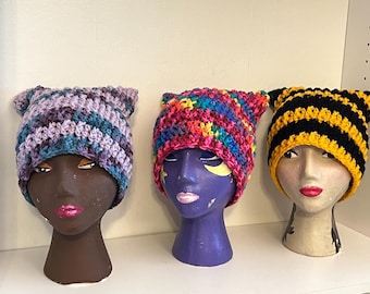 Pussycat hat, Ladies Gift, Kitty cat hat, pink stripe, girl power beanie, Girls Christmas gift, Kitty Stripes Hat